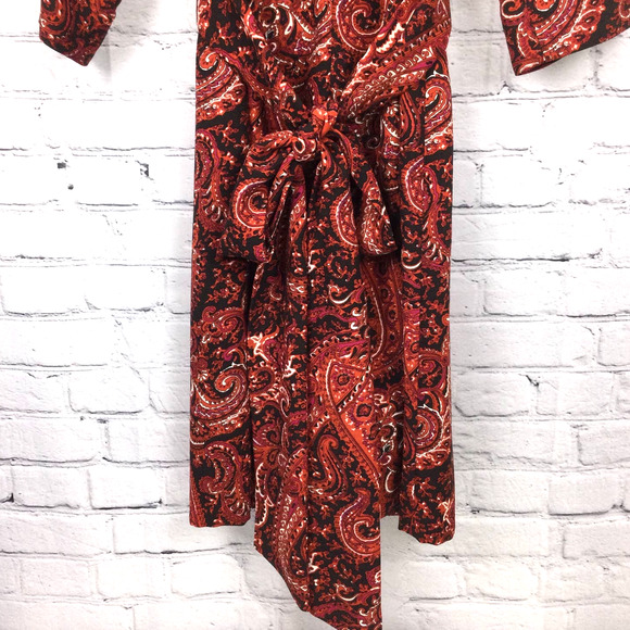 Talbots Petite Boat Neck Elbow Sleeve Burnt Orange Paisley Tie Midi Dress 12P - Picture 14 of 15